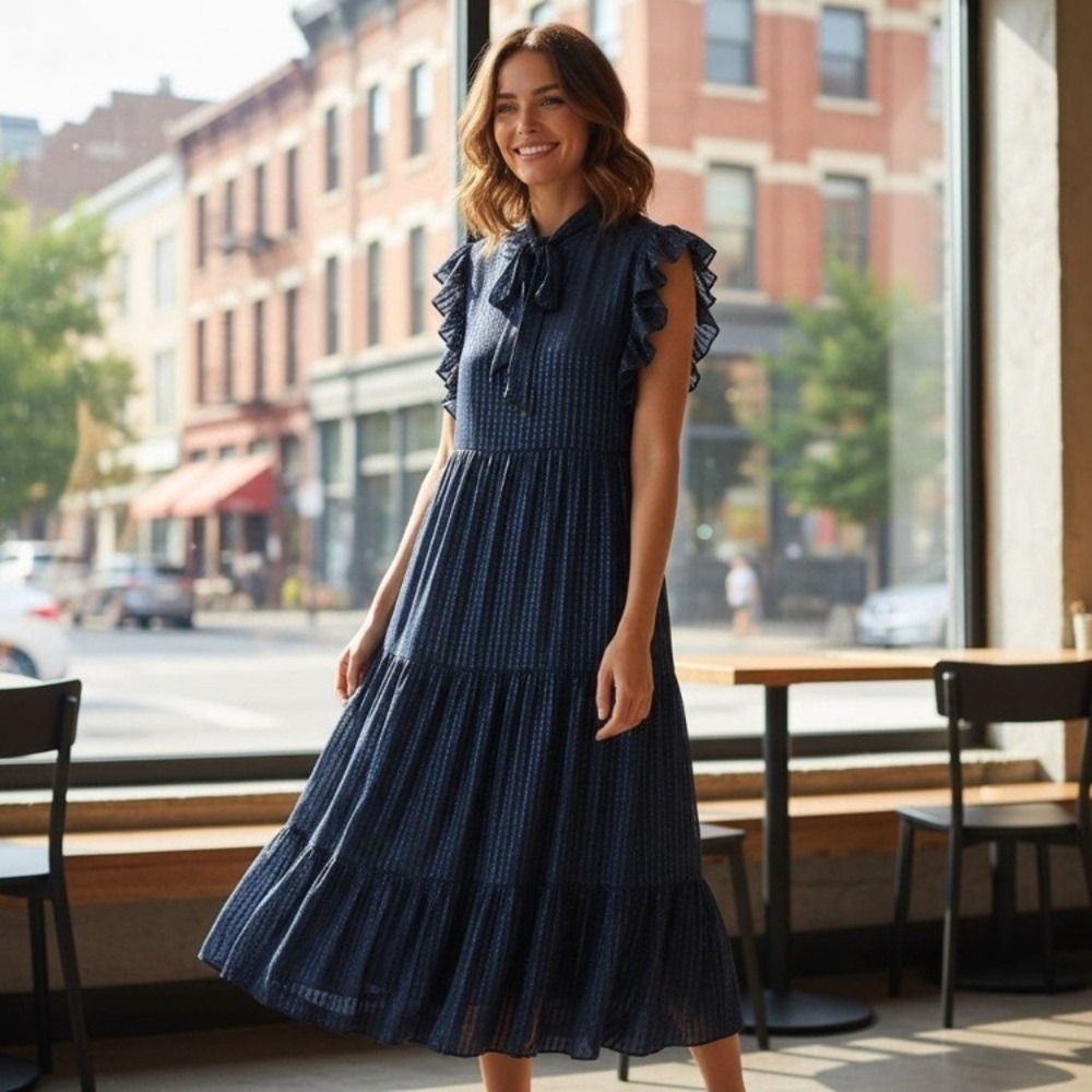 Marie Oliver Kylee Dress, Ocean ruffle silk blend Size S maxi solid blue tie - Picture 2 of 16